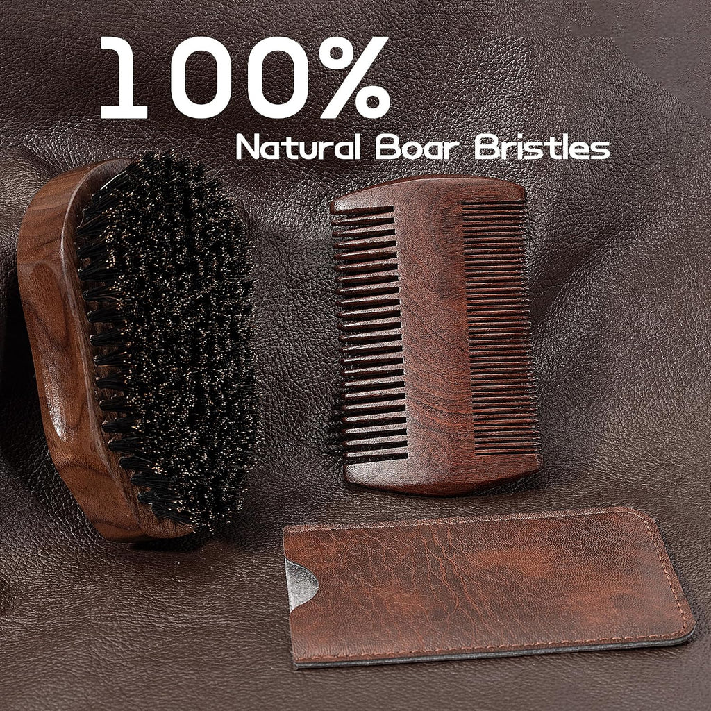 3PCS Beard Brush Comb Set for Men, Black Walnut Wood Dual Beard Comb & Case, Men'S Natural Wooden Mustache Brush Kit - Medium Hardness
