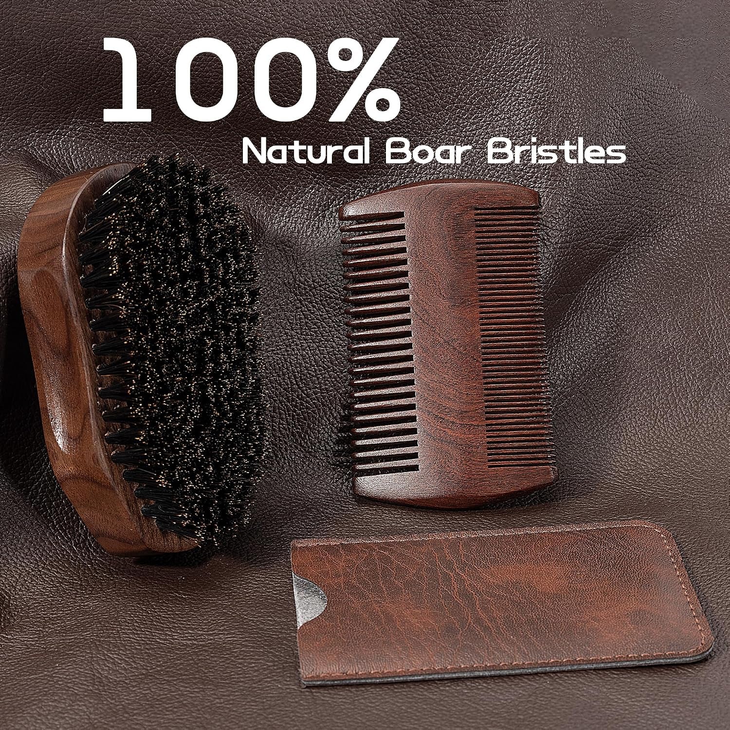 3PCS Beard Brush Comb Set for Men, Black Walnut Wood Dual Beard Comb & Case, Men'S Natural Wooden Mustache Brush Kit - Medium Hardness