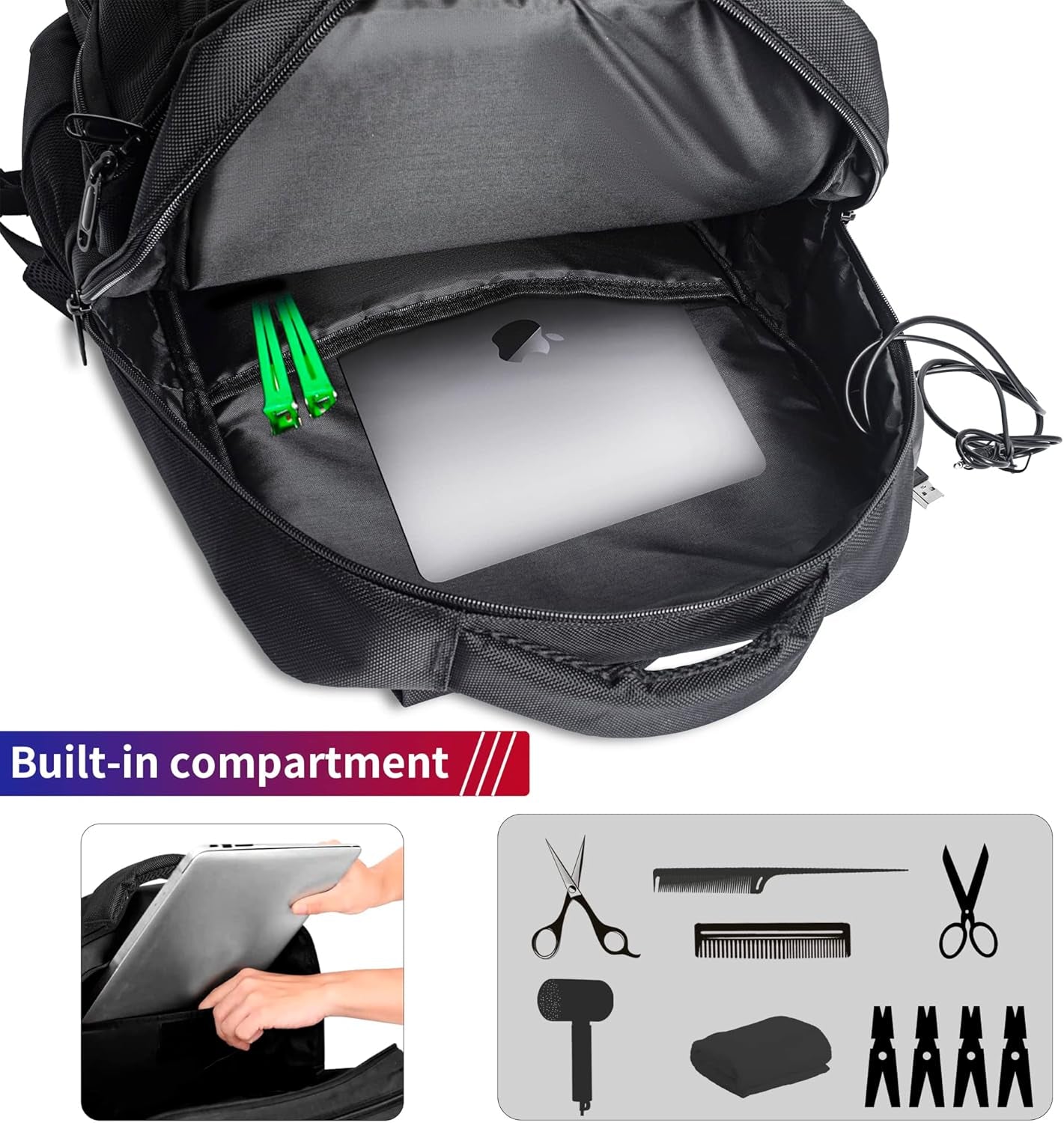Barber Supplies Bag Backpack for Men, Clipper Tool Bookbag | Soft Padded, with USB Port and Laptop Compartment, Organizer Bag for Barber Cape Clippers Scissors Comb Trimmer (Only Bag)