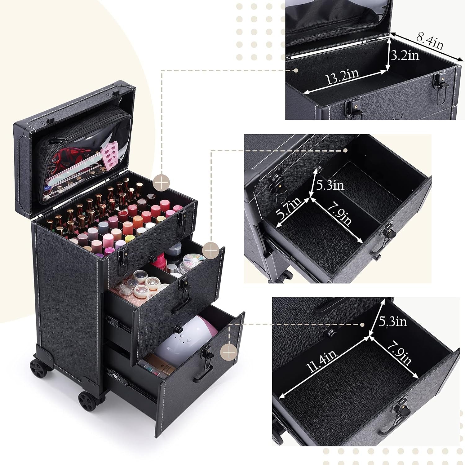 Rolling Nail Case - Wheeled Vegan Leather Manicure Storage Organizer for Nail Technicians, Cosmetologists, and Stylists