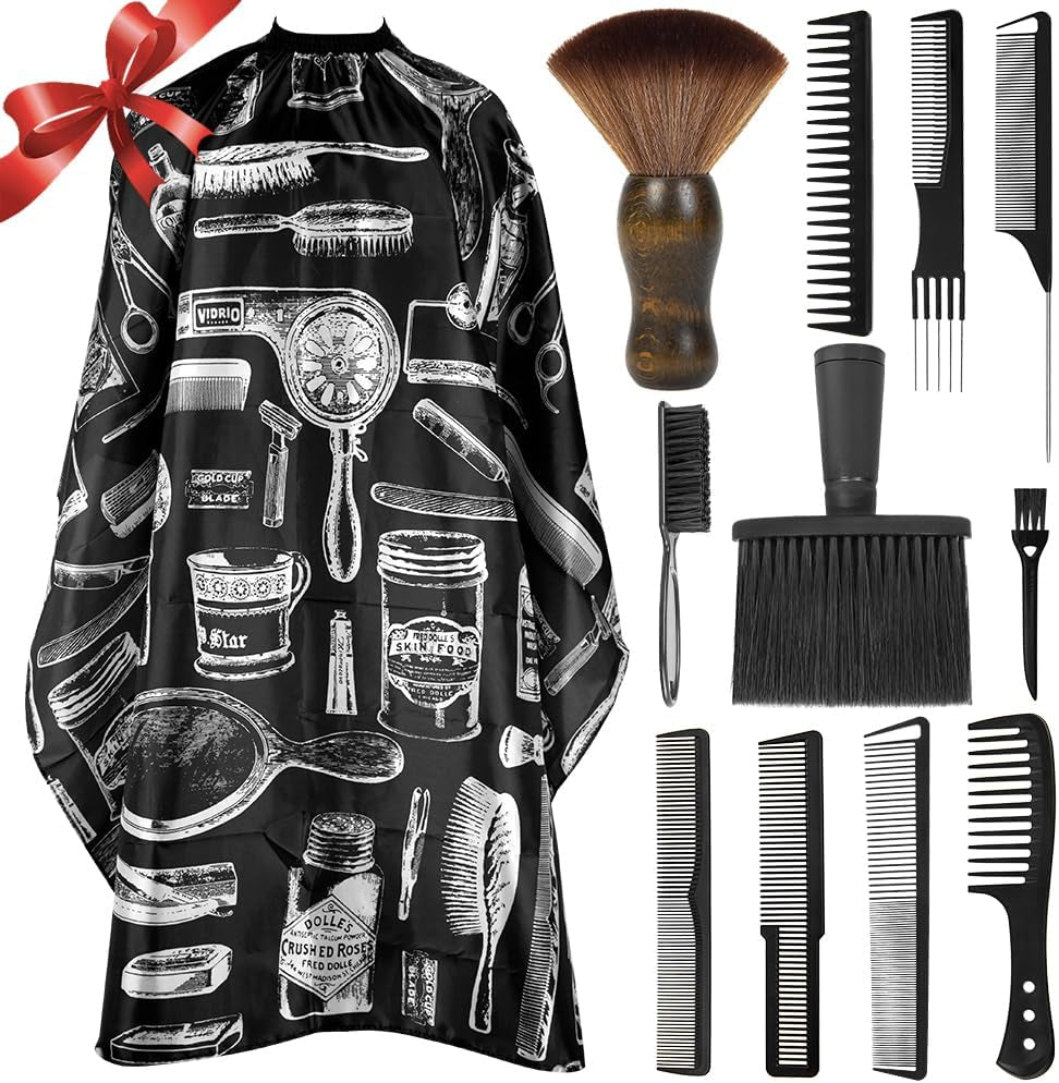 12PCS Hair Cutting Comb Set - Barber Combs for Men & Stylists - Barber Cape with Adjustable Neck Size & Neck Duster Brush