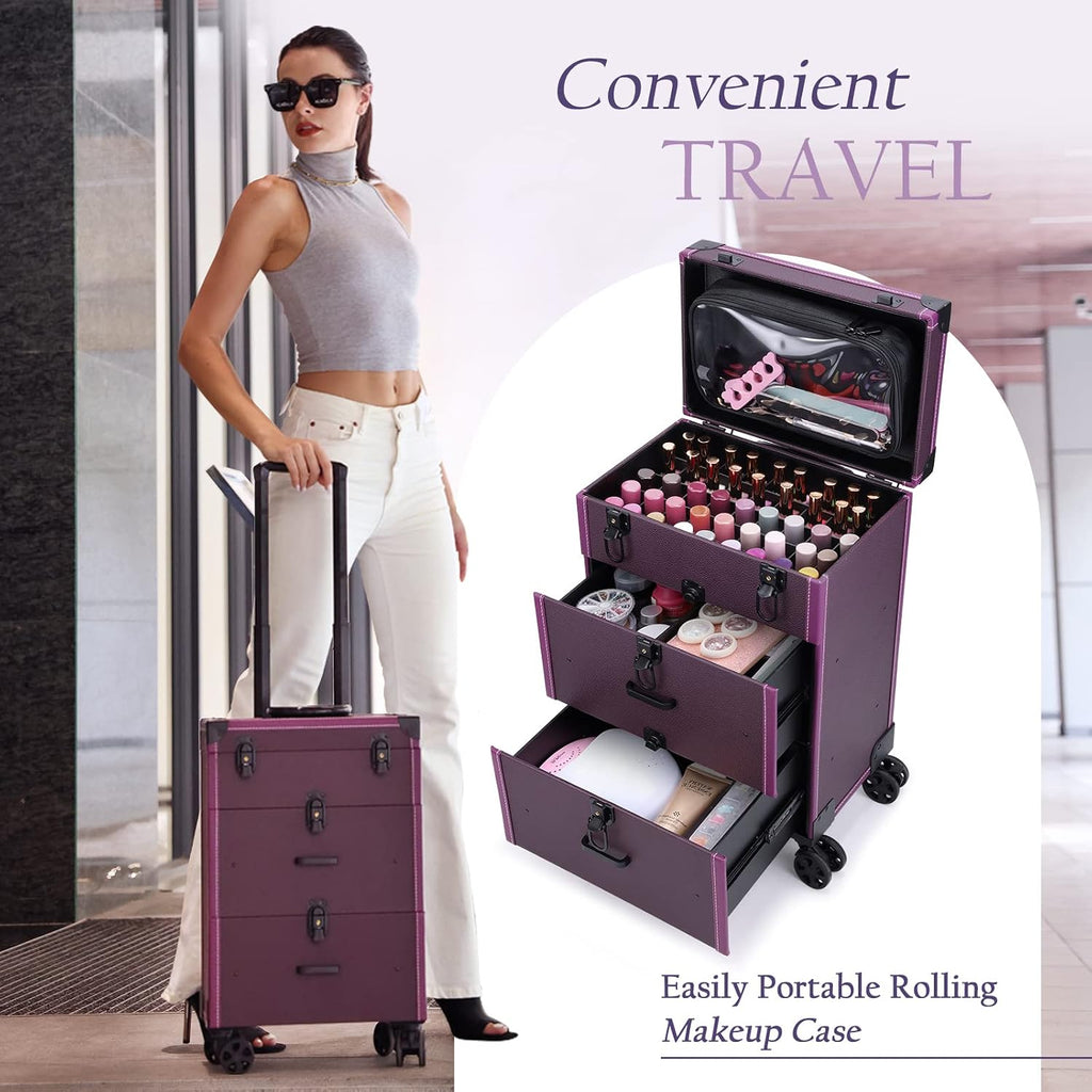 Rolling Nail Case Wheeled Manicure Storage Case Polish Organizer Professional Makeup Trolley for Studio or Travelling Nail Technician Artists Cosmetologist Stylist - Vegan Leather