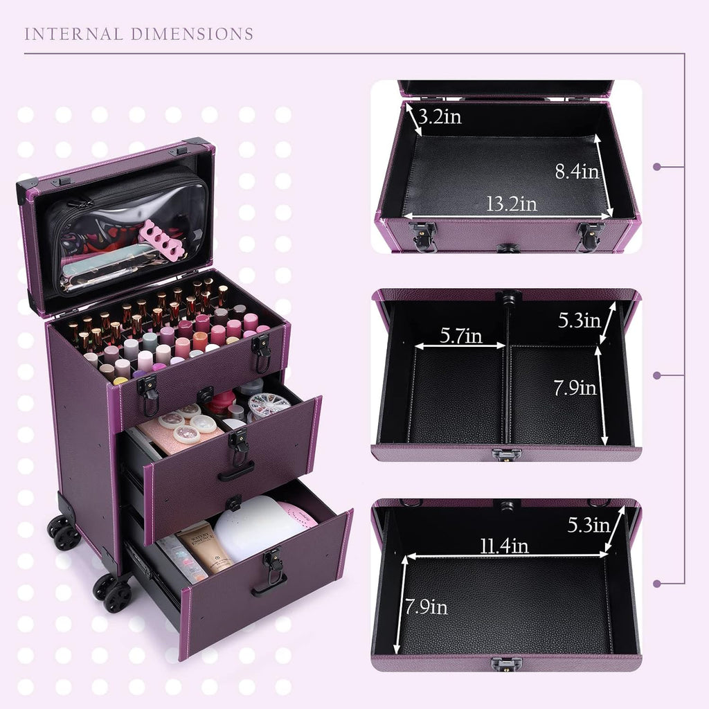 Rolling Nail Case Wheeled Manicure Storage Case Polish Organizer Professional Makeup Trolley for Studio or Travelling Nail Technician Artists Cosmetologist Stylist - Vegan Leather