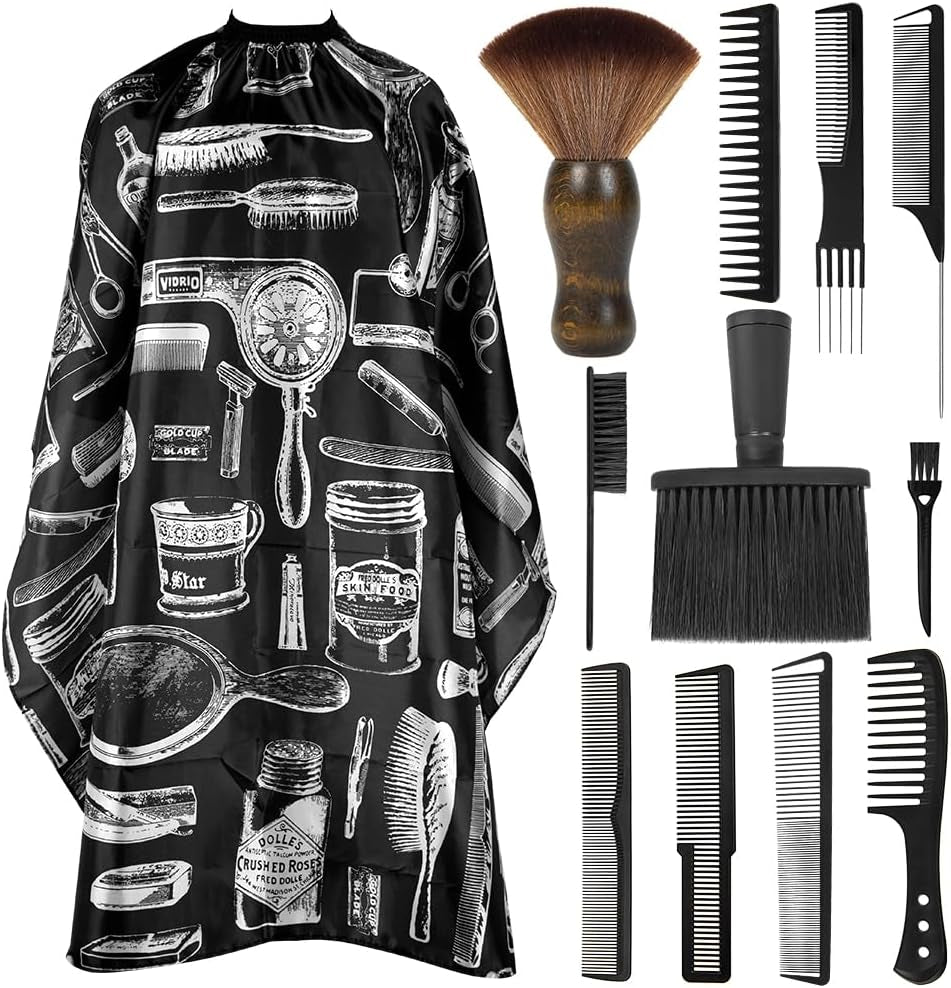 12PCS Hair Cutting Comb Set - Barber Combs for Men & Stylists - Barber Cape with Adjustable Neck Size & Neck Duster Brush
