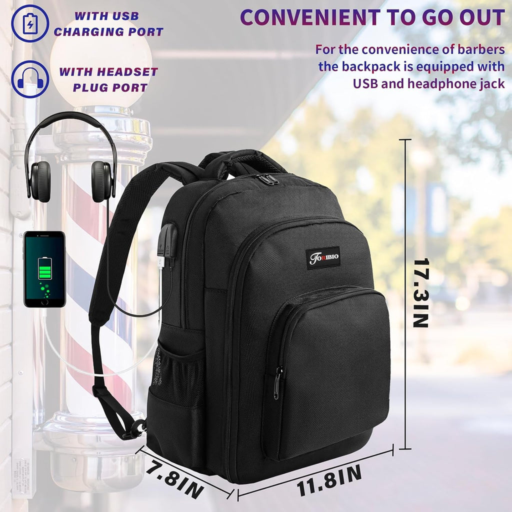 Barber Supplies Bag Backpack for Men, Clipper Tool Bookbag | Soft Padded, with USB Port and Laptop Compartment, Organizer Bag for Barber Cape Clippers Scissors Comb Trimmer (Only Bag)