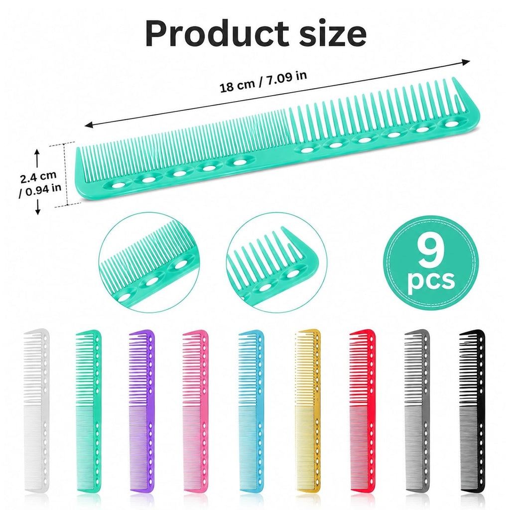 9 Pcs Carbon Fiber Cutting Comb, Professional Heat Resistant Barber Comb, Fine and Wide Tooth Hair Styling Combs for Salon Hairdressing, anti Static All Purpose Clipper Combs (9 Colors)