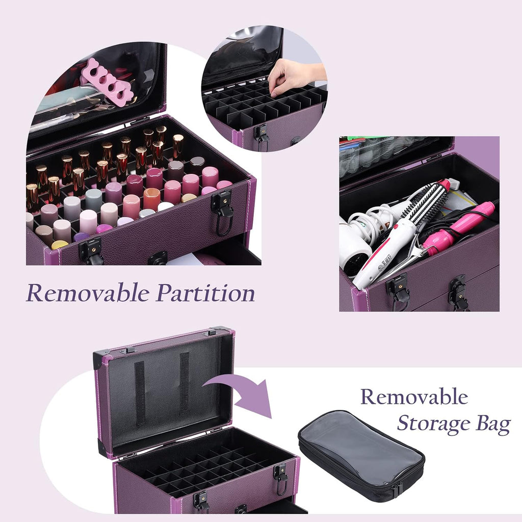 Rolling Nail Case Wheeled Manicure Storage Case Polish Organizer Professional Makeup Trolley for Studio or Travelling Nail Technician Artists Cosmetologist Stylist - Vegan Leather