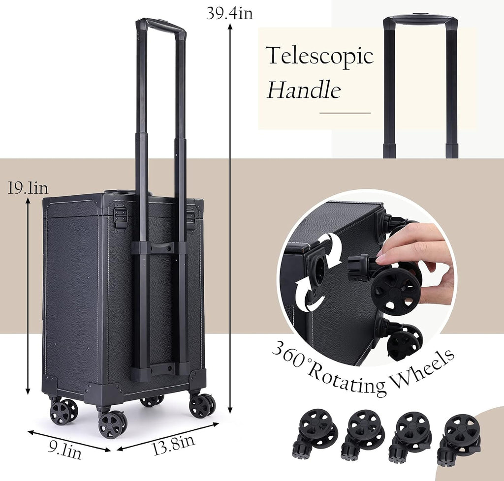 Rolling Nail Case - Wheeled Vegan Leather Manicure Storage Organizer for Nail Technicians, Cosmetologists, and Stylists