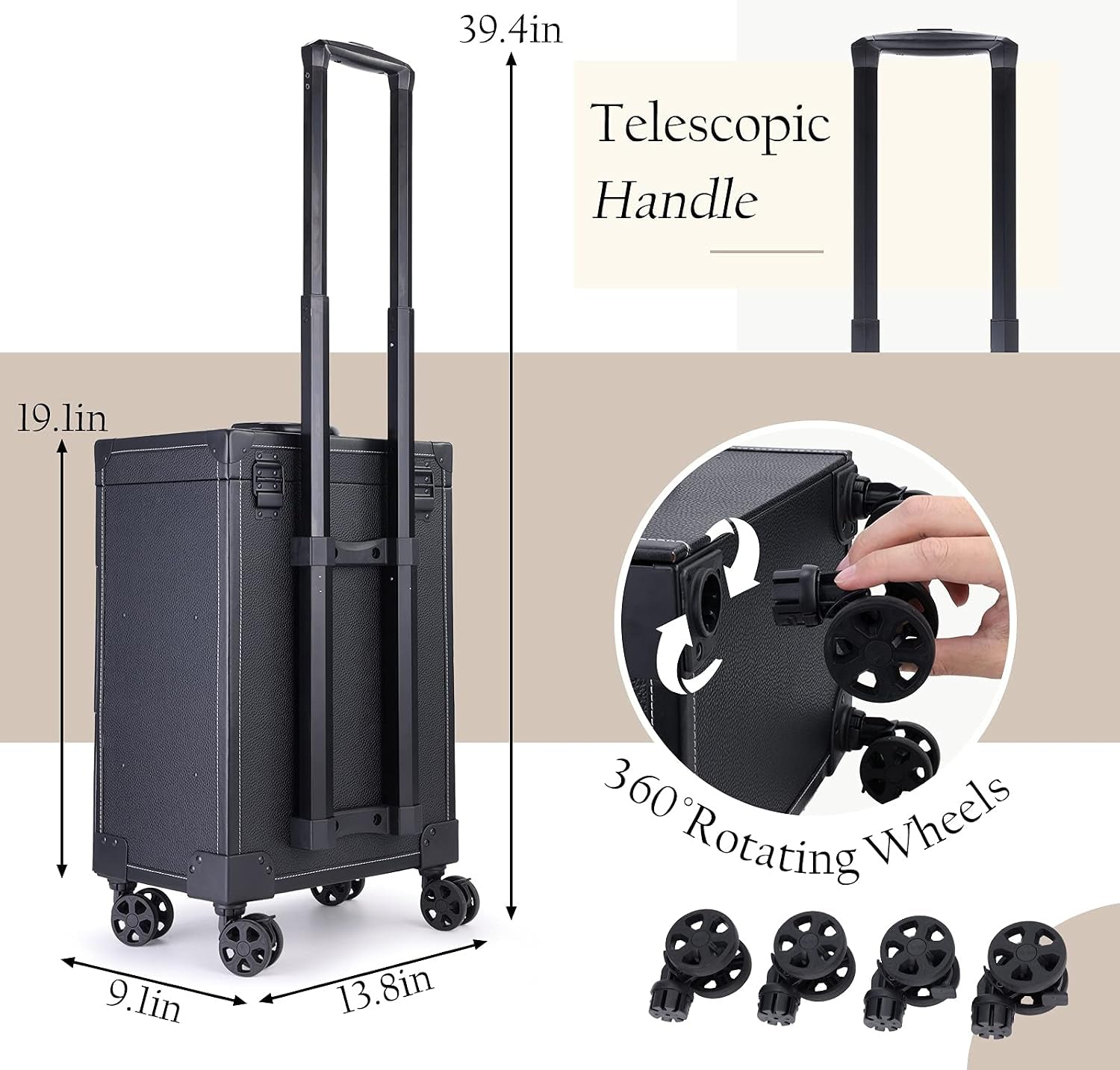 Rolling Nail Case - Wheeled Vegan Leather Manicure Storage Organizer for Nail Technicians, Cosmetologists, and Stylists