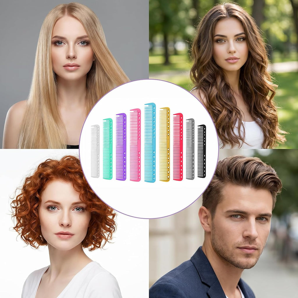 9 Pcs Carbon Fiber Cutting Comb, Professional Heat Resistant Barber Comb, Fine and Wide Tooth Hair Styling Combs for Salon Hairdressing, anti Static All Purpose Clipper Combs (9 Colors)