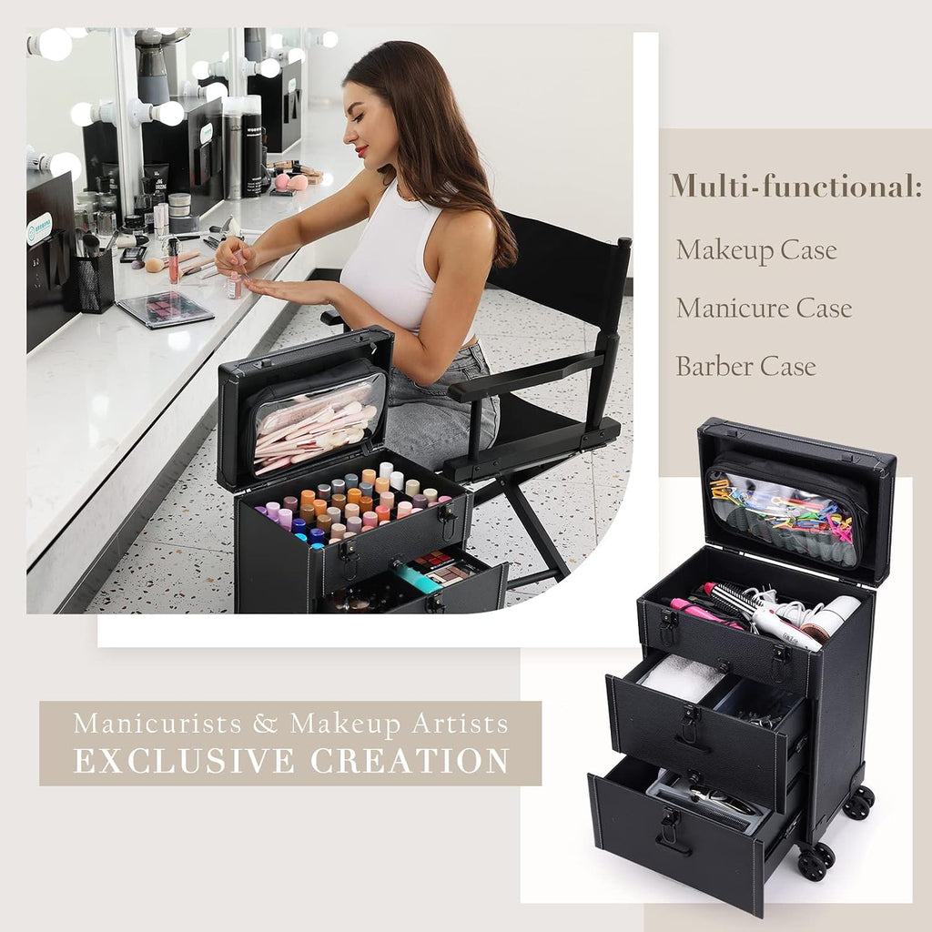 Rolling Nail Case - Wheeled Vegan Leather Manicure Storage Organizer for Nail Technicians, Cosmetologists, and Stylists