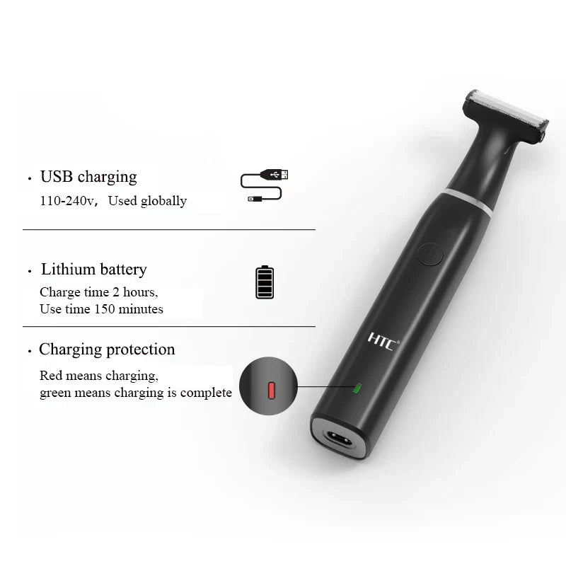 HTC Men's Electric Groin Hair Trimmer Pubic Hair Trimmer Body Grooming Clipper for Men Bikini Epilator Rechargeable Shaver Razor