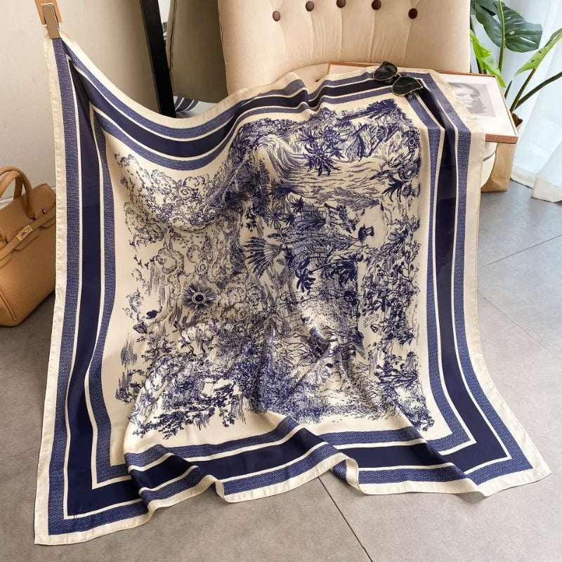 70cm Women’s Plant-Printed Silk Scarf – Elegant Square Headwear, Simulated Silk Neck Scarf for Bag, Hair & Clothing Accessories