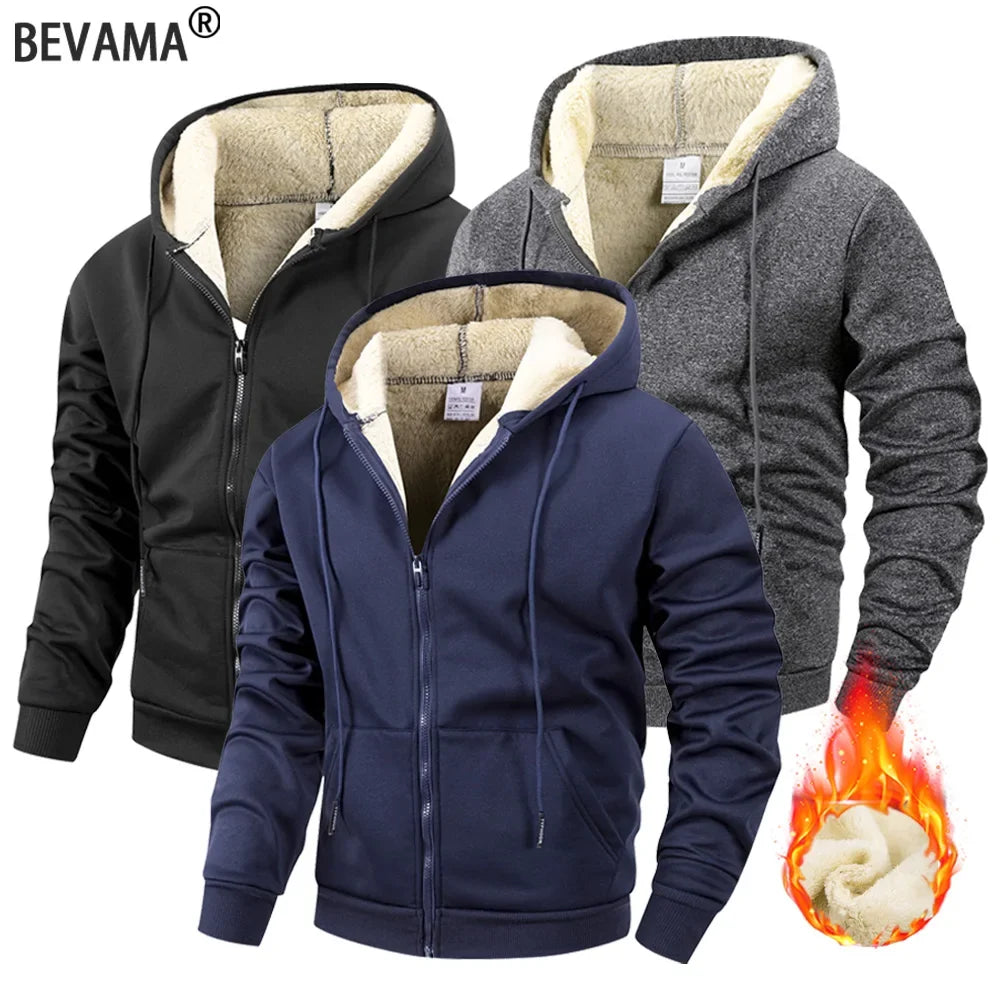 Winter Men’s Fleece Zipper Jacket – Thick Windproof Hooded Coat for Casual Wear & Outdoor Sports