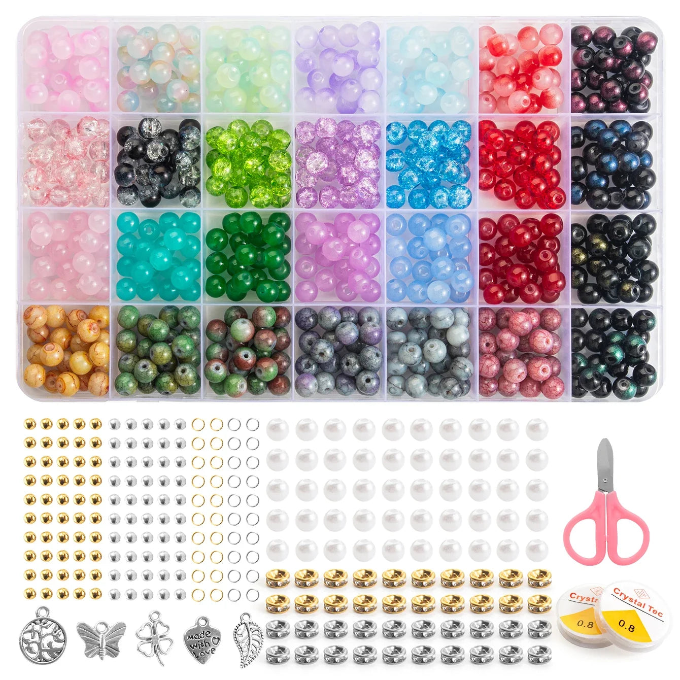 Glass Beads Bracelet Making Kit – 28 Colors 8mm Crystal & Gemstone Beads with DIY Jewelry Accessories