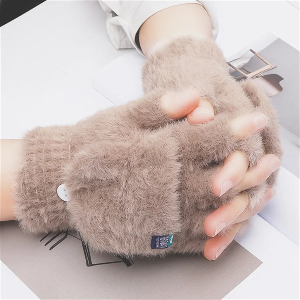 Women’s Plush Fingerless Gloves – Soft Winter Flip Mittens, Thick Warm Writing Gloves for Students & Outdoor Cold Weather Protection