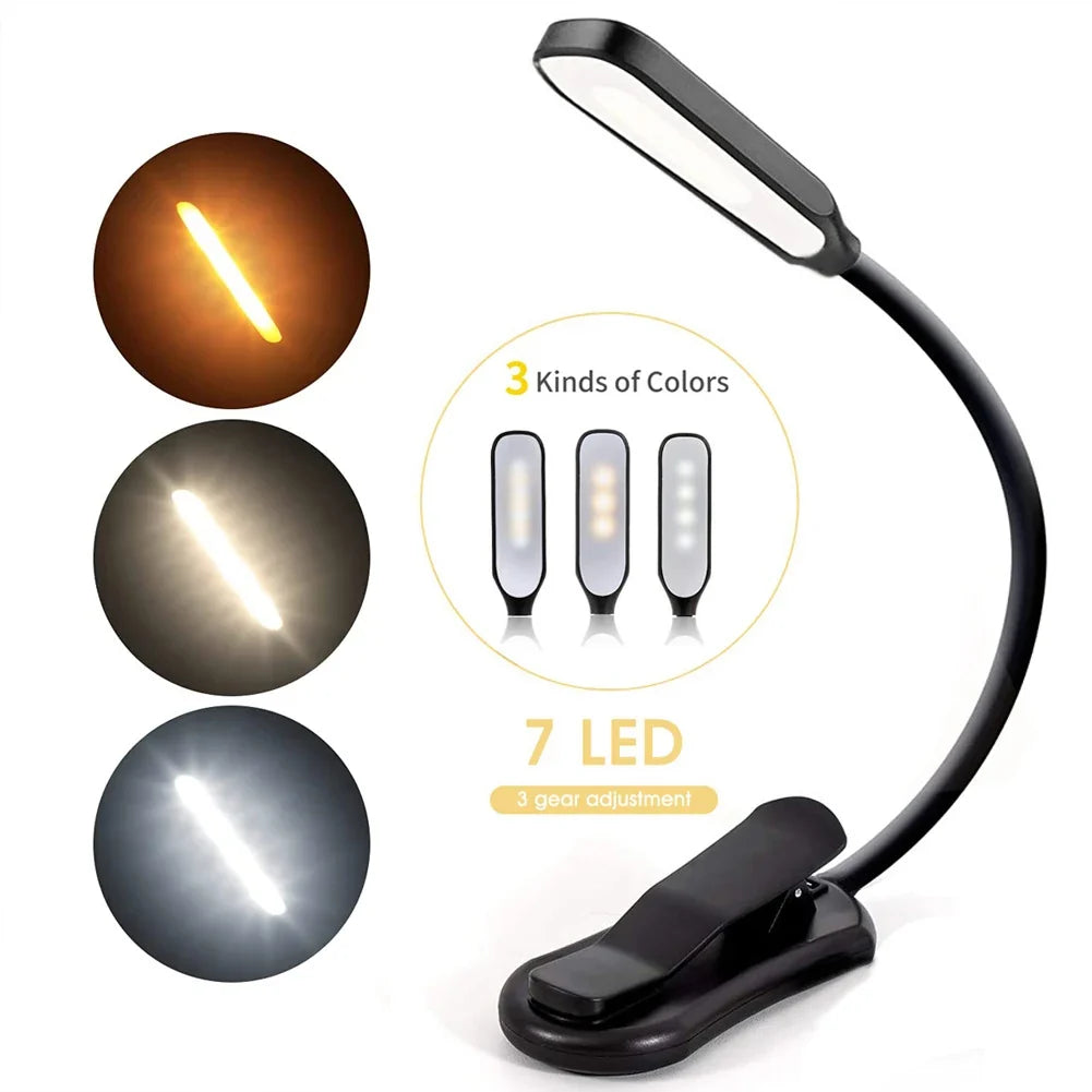 Book Light Mini 7 LED Reading Light Rechargeable 3-Level Warm Cool White Flexible Easy Clip Lamp Read Night Reading Lamp in Bed