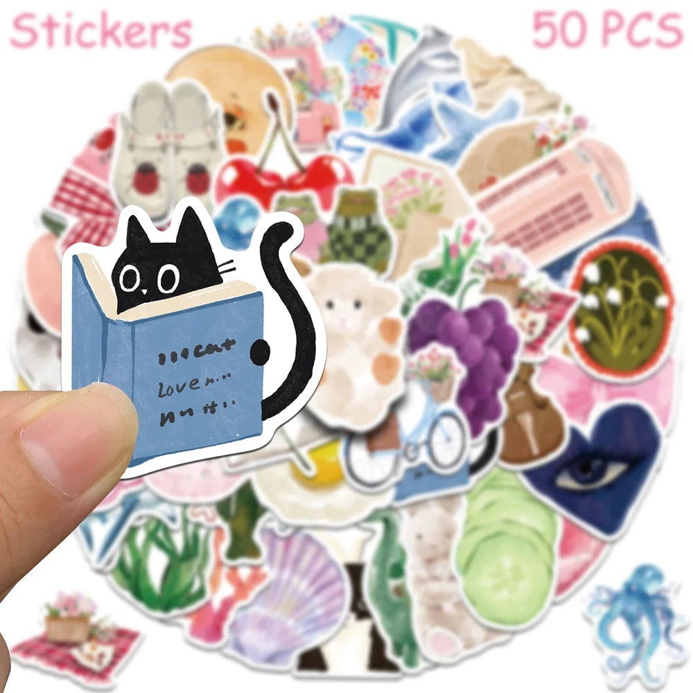 50/100pcs Cartoon Watercolor Dairy Stickers Decals For Phone Laptop Scrapbook Luggage Helmet DIY Graffiti Aesthetic Stickers