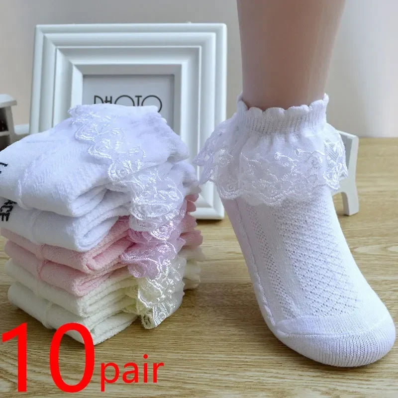 10 Pairs Baby Girls Socks – Lace Ruffle Princess Ankle Socks, Breathable Cotton Mesh for Toddlers, White, Pink & Blue