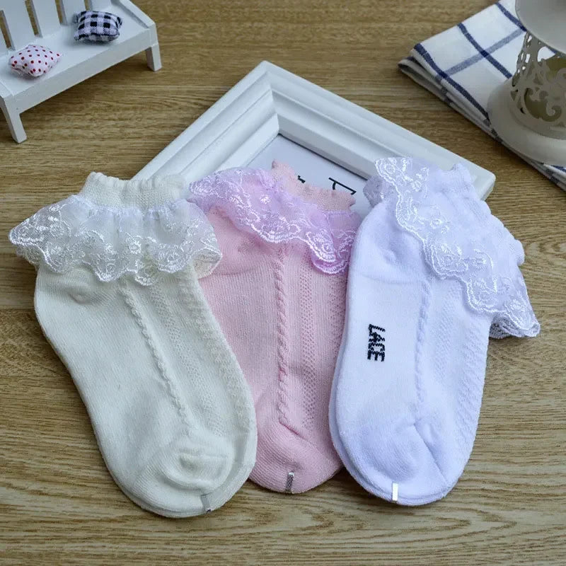 10 Pairs Baby Girls Socks – Lace Ruffle Princess Ankle Socks, Breathable Cotton Mesh for Toddlers, White, Pink & Blue
