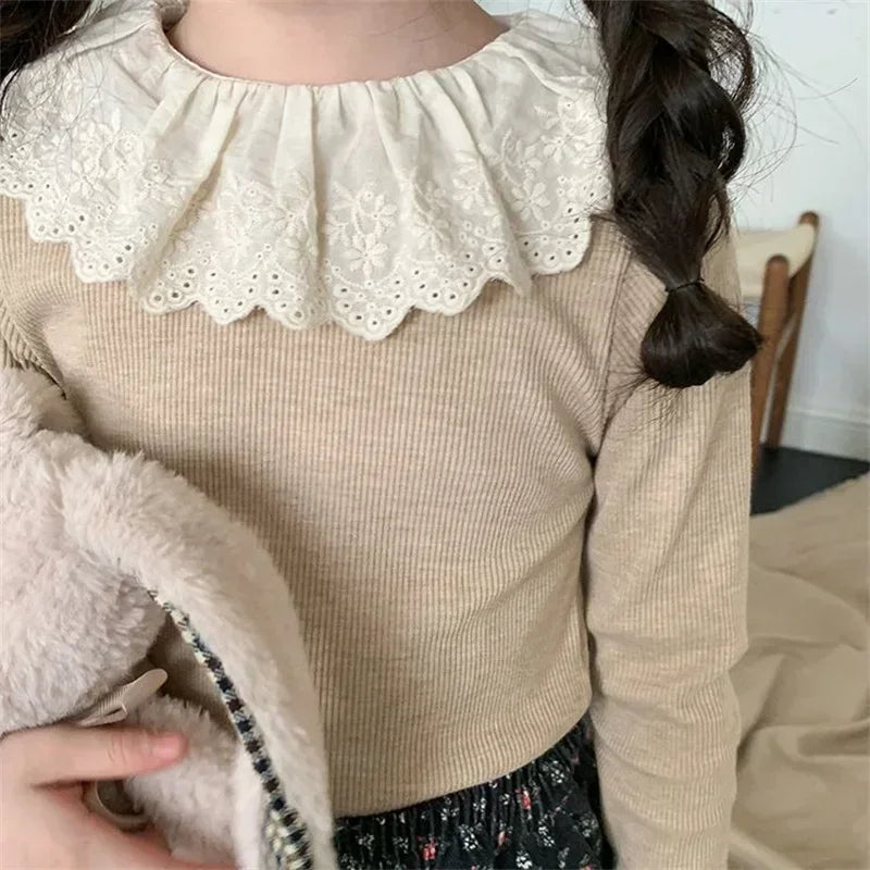 1-12Years Long Sleeved Shirts Children's Spring Knitted Tops Baby's Lace 2025 Lace Base Shirt Korean Girls Ruffle Collar T-shirt