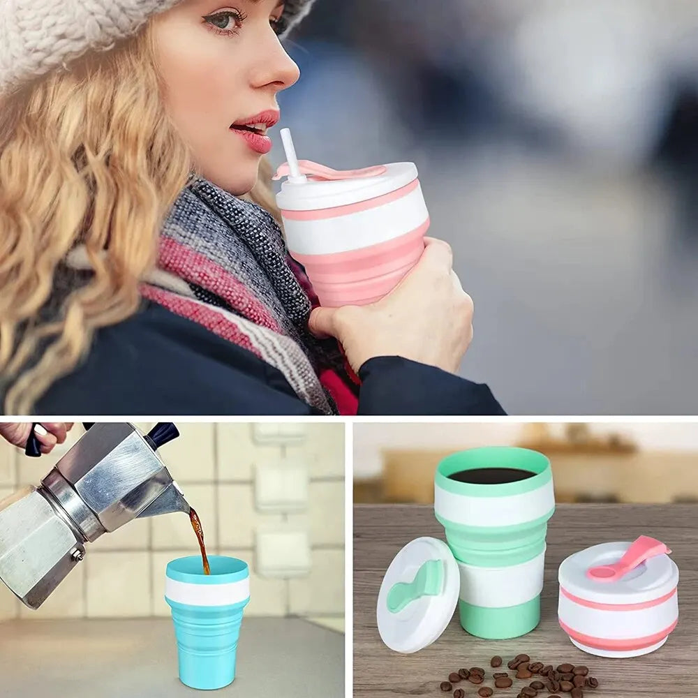 12 Oz Reusable Silicone Collapsible Cups with Lid for Camping 350ml 500ml Portable Folding Coffee Cups for Travel