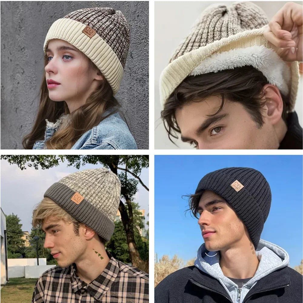 New Unisex Two-Tone Winter Hats Add Fur Lined Men And Women Fashion Warm Beanie Cap Casual Winter Knitted Hats