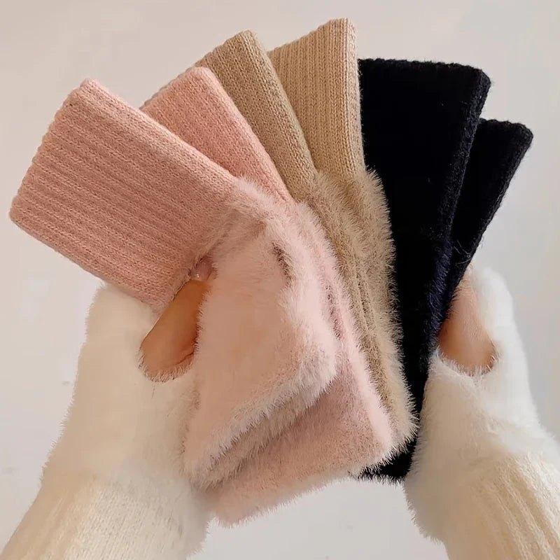 Women’s Soft Mink Fleece Fingerless Gloves – Knitted Plush Half-Finger Winter Mittens for Driving, Writing & Cold Weather Warmth