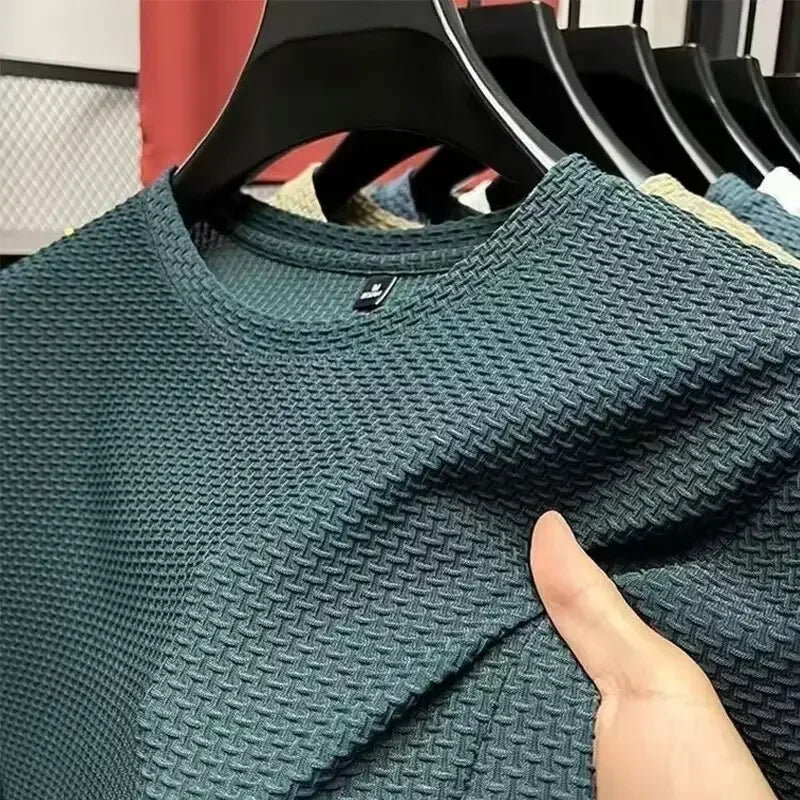 Ice Silk Bamboo Node Men's Short Sleeve T-Shirt Summer Pure Color Elastic Comfortable Cool Feeling Casual Versatile Thin Trendy