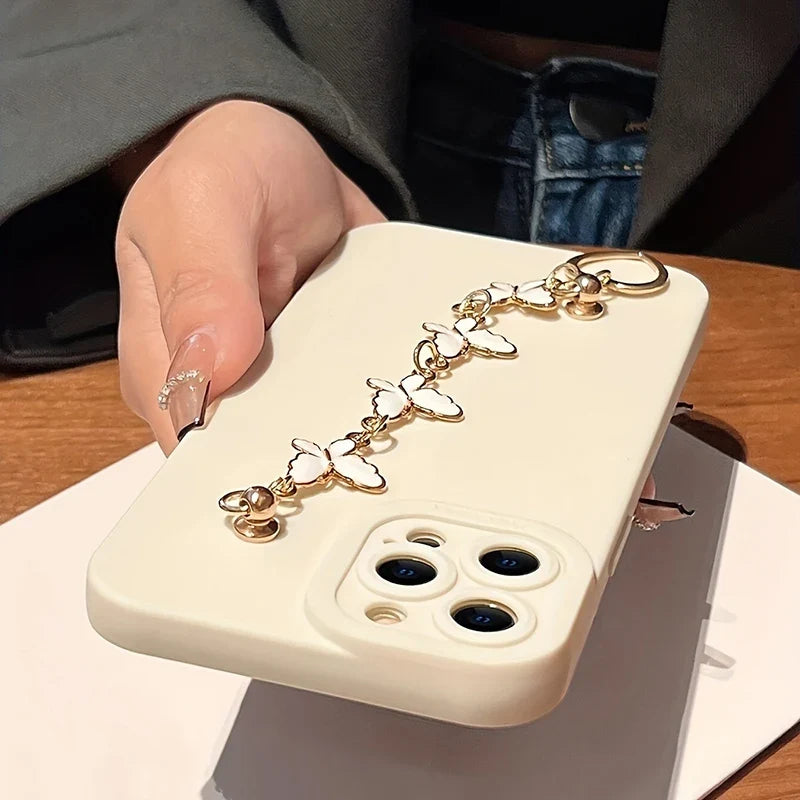 Black White Butterfly Chain Phone Case For iPhone 17 16 15 14 13 12 11 Pro Max 7 8 Plus 16E XR X XS SE Shockproof Silicone Cover