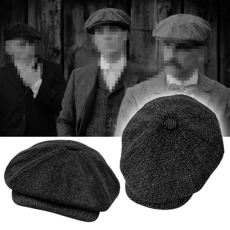 Retro Men’s Newsboy Cap – Classic Herringbone Octagonal Hat, British Style Flat Cap for Autumn & Winter, Vintage Painter Beret