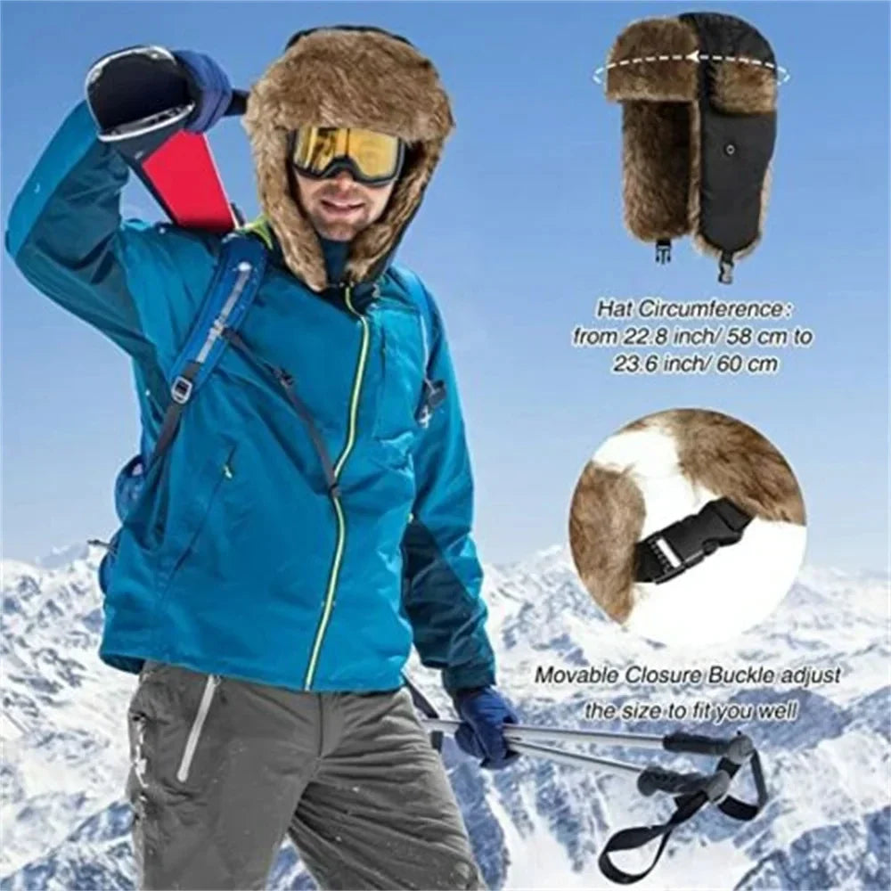 Men's Warm Soldier Hat Winter Pilot Patrolman Earmuffs Polyester Fiber Warm Russian Ski Hat Windproof Cold Pilot Hats