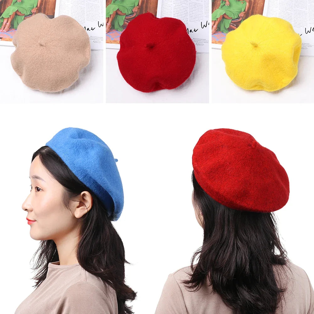 Autumn Winter Felt Beret Hats Women Fashion French Painter Hat Girls Trendy Solid Color Berets Ladies Multicolored Flat Cap