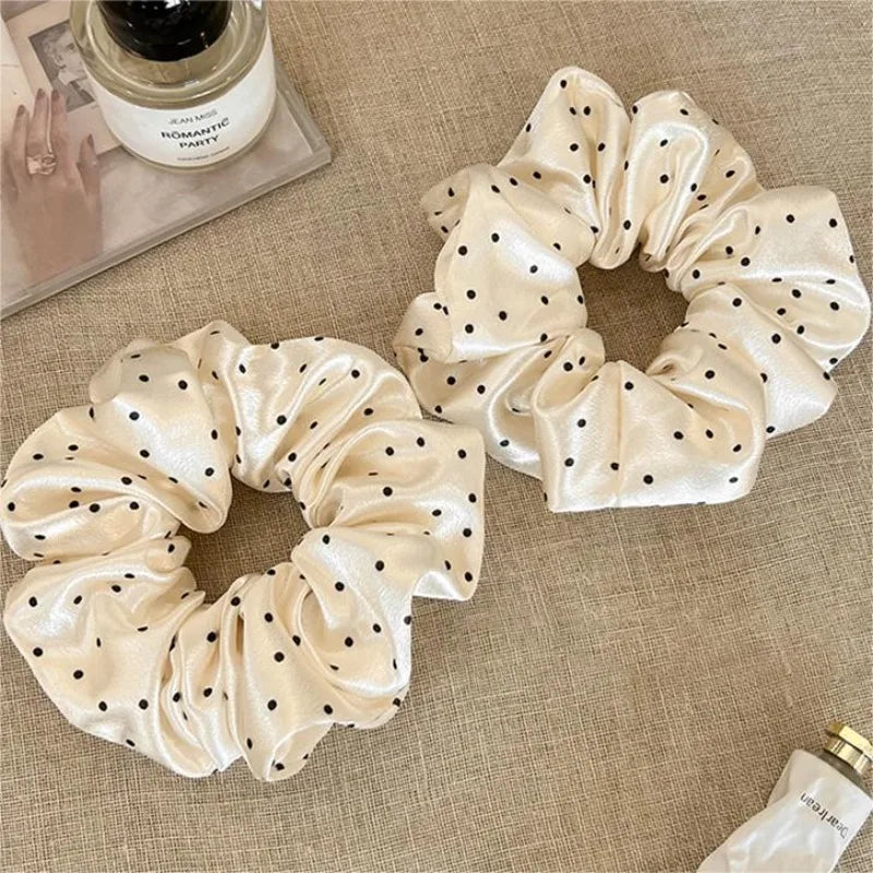 1/3PCS Polka Dot Satin Scrunchies – Large Ruffled Hair Bands for Women, Black & White Elegant Hair Ties