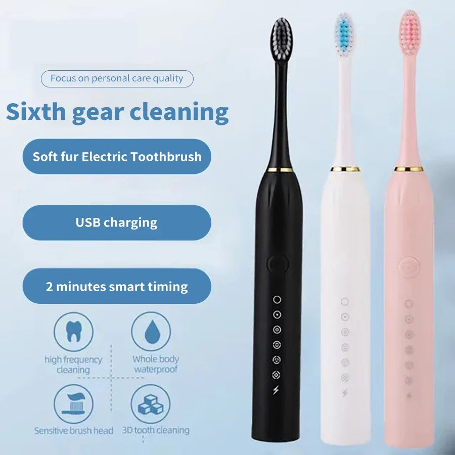 Electric Ultrasonic Toothbrush – 6 Speed Modes Soft Bristle USB Rechargeable Waterproof Tooth Cleaner | Automatic Toothbrush for Adults & Couples