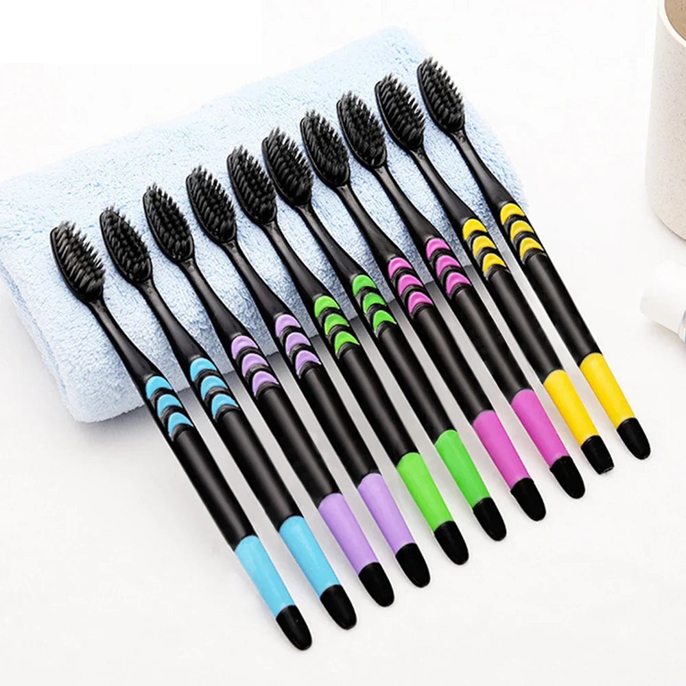 10-Pack Ultra-Soft Bamboo Charcoal Toothbrushes – Deep Cleaning Black Bristle Oral Care Set | Eco-Friendly, Gentle Gum Protection & Whitening Brush