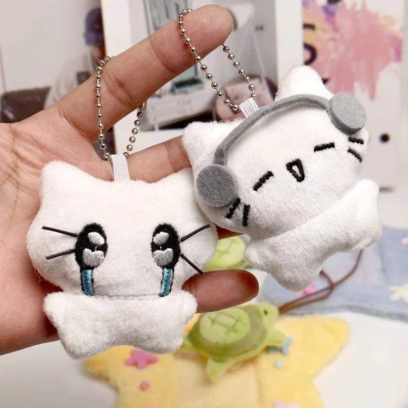 Cute Headphones Kitten Couple Keychain Mini Crying Cat Doll Plush Keyring Cartoon Dog Bee Bag Pendant Charms Backpack Decoration