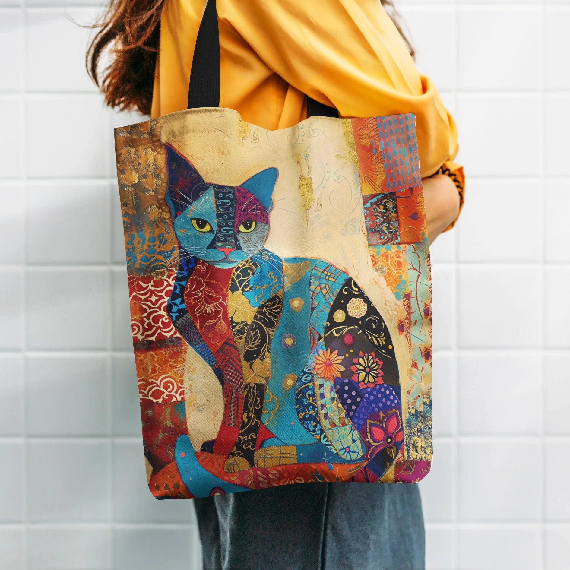 Eco-Friendly Canvas Tote Bag – Floral Cat Design & Lightweight