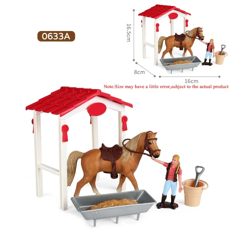 Oenux Farm Stable House Model Action Figures Emulational Horseman Horse Animals Playset Figurine Cute Educational Kids Toy Gift