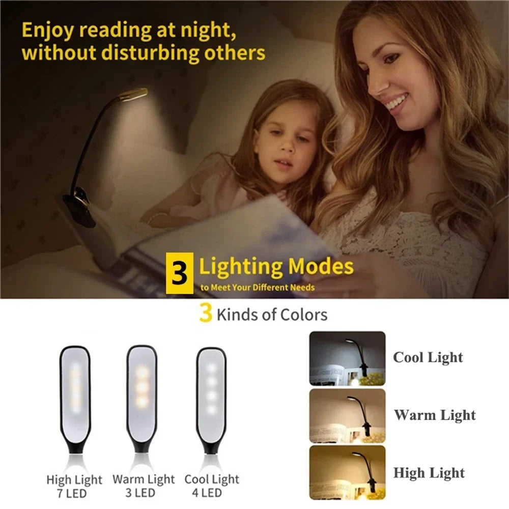 Book Light Mini 7 LED Reading Light Rechargeable 3-Level Warm Cool White Flexible Easy Clip Lamp Read Night Reading Lamp in Bed