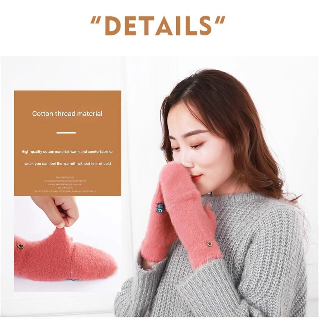 Women’s Plush Fingerless Gloves – Soft Winter Flip Mittens, Thick Warm Writing Gloves for Students & Outdoor Cold Weather Protection