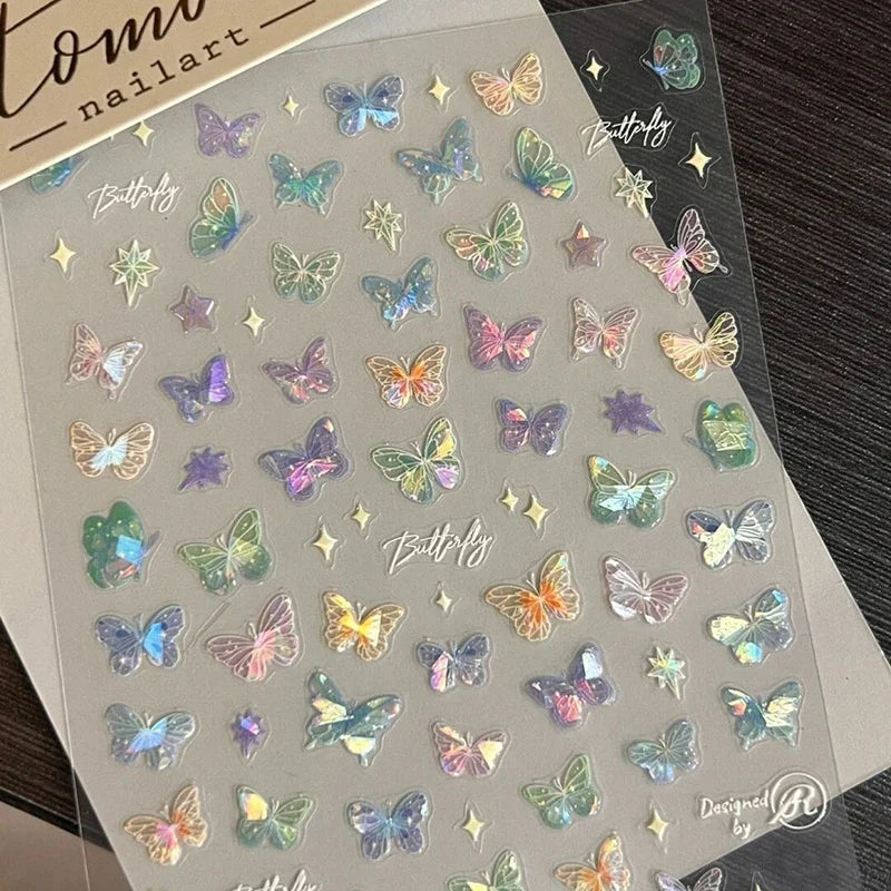 1/5sheets Fashion Butterfly Wing Streamer Laser Stickers Advanced Embossed Nail Art Stickers Colorful Butterfly Fairy Stickers
