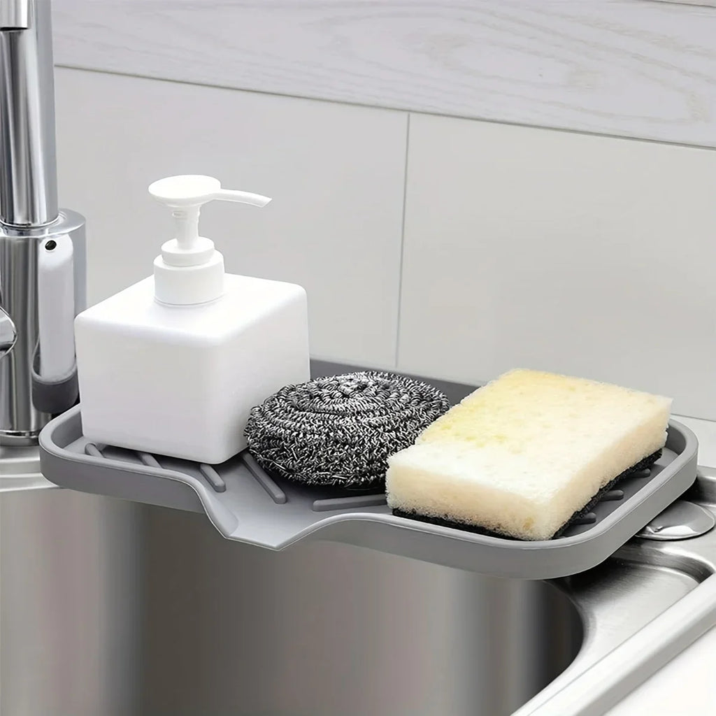 Multifunctional Silicone Sink Tray with Drain – Soap, Sponge & Brush Organizer for Kitchen & Bathroom