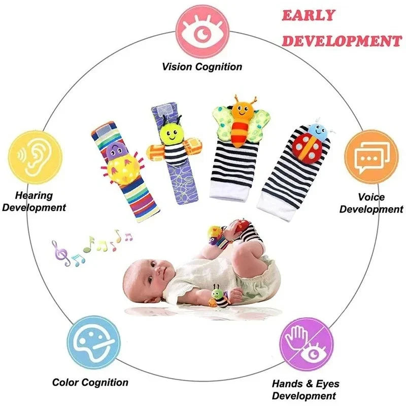 4Pcs Baby Toy 0-12 Months Baby Rattles Toys Animal Socks Wrist Strap + Rattle Baby Foot Socks Bug Wrist Strap Baby Socks New