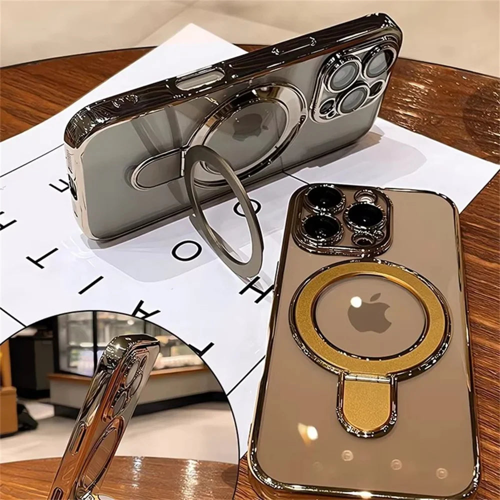 Luxury MagSafe Bracket Case for iPhone 16 & 17 – Clear Acrylic with Magnetic Ring Stand