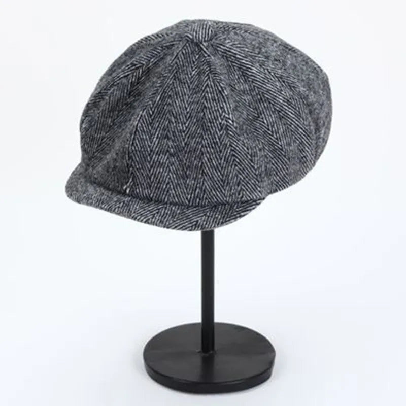 Retro Men’s Newsboy Cap – Classic Herringbone Octagonal Hat, British Style Flat Cap for Autumn & Winter, Vintage Painter Beret