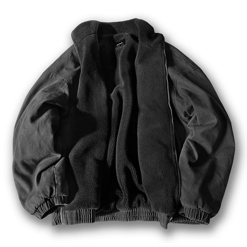 Japanese Vintage Polar Fleece Jacket for Men – Thick Warm Winter Coat with Stand Collar & Trendy Streetwear Style
