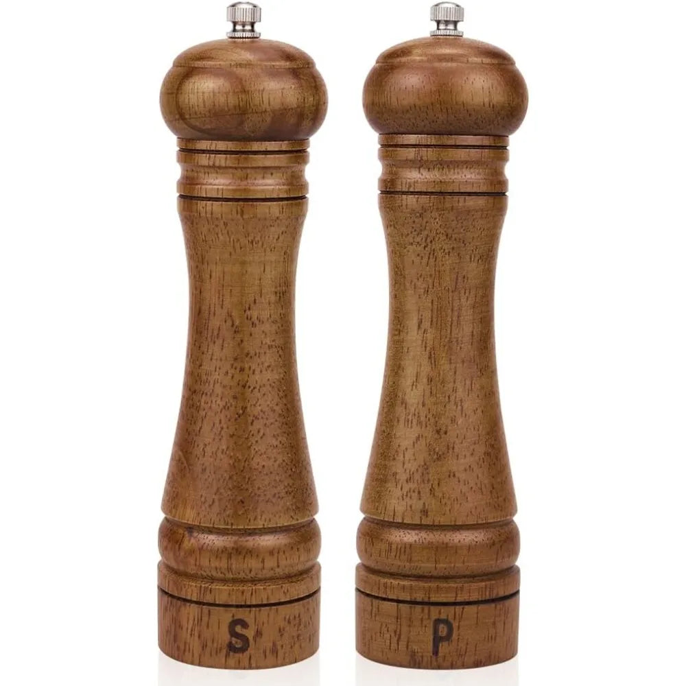 2PCS Wooden Salt & Pepper Grinder Set – 8 Inch Adjustable Ceramic Rotor Mill Shakers | Manual Kitchen Spice Grinder for Cooking & Dining