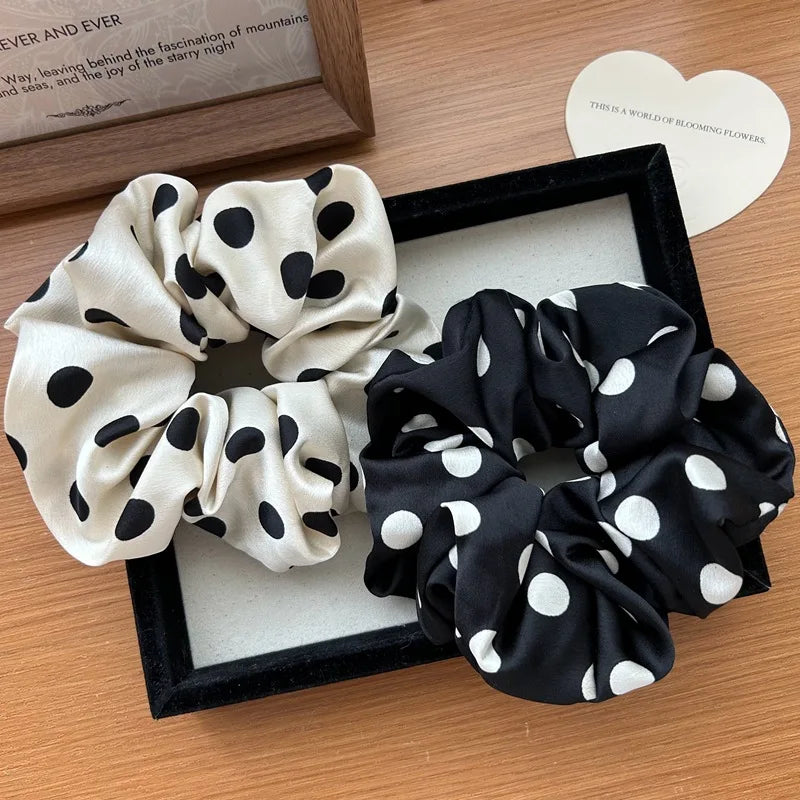 Korean Fashion Dot Satin Scrunchies – Big Elastic Silk Hair Bands for Women & Girls, Black & White