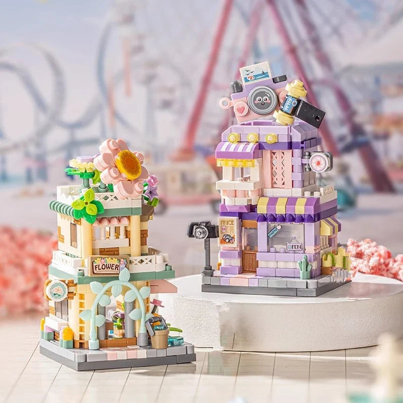 NEW Panda Pet Coffee Ice Cream Flower Shop Store Street View Food House Building Blocks Kit Girls Bricks Model Kids Toy Children